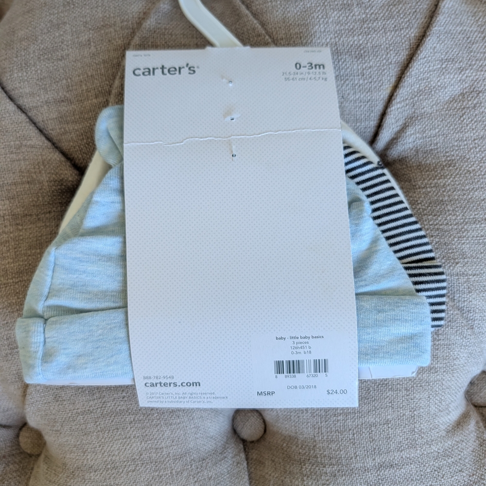 Carter's Baby Hat Set of 3, white, bears, black and blue theme - Picture 2 of 5